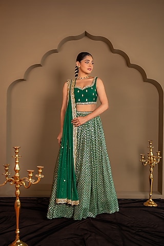Emerald Green Viscose Georgette Sequins Embroidered Lehenga Set by Renee Label