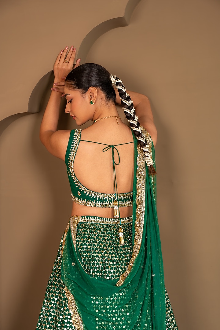 Emerald Green Viscose Georgette Sequins Embroidered Wedding Lehenga Set by Renee Label at Pernia's Pop Up Shop