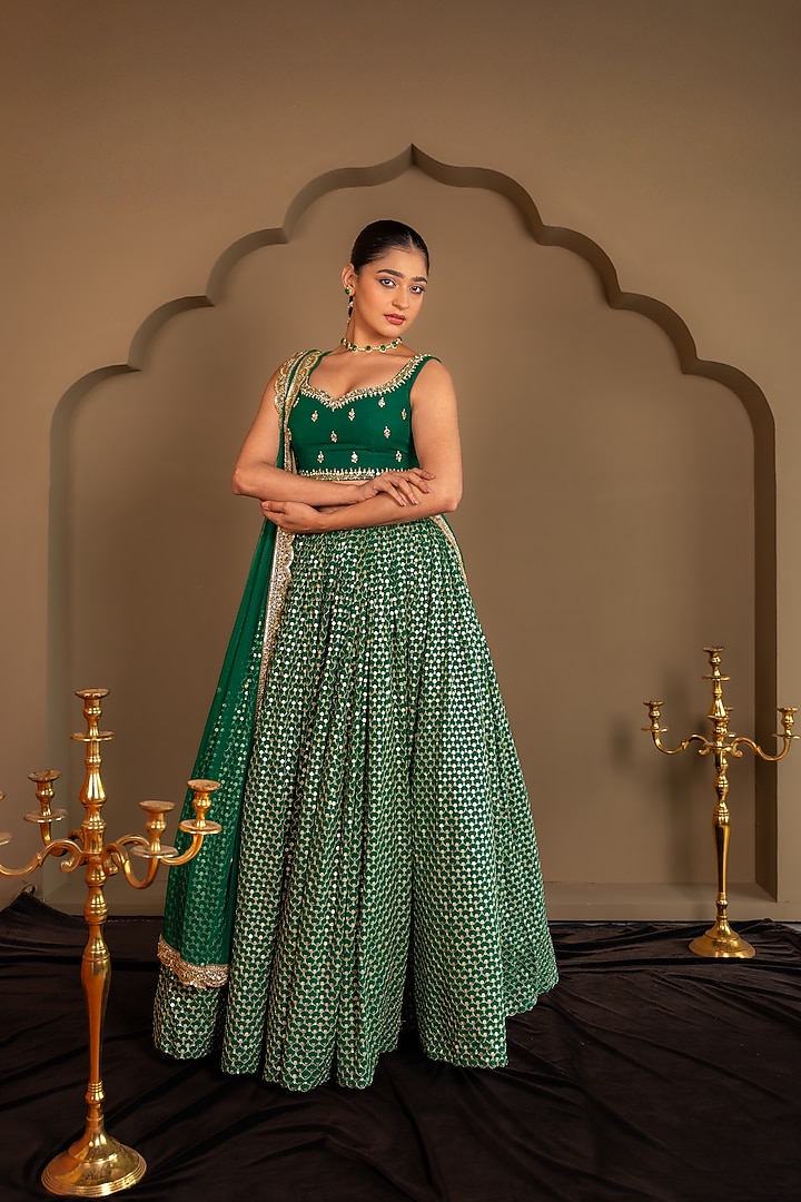 Emerald Green Viscose Georgette Sequins Embroidered Wedding Lehenga Set by Renee Label at Pernia's Pop Up Shop