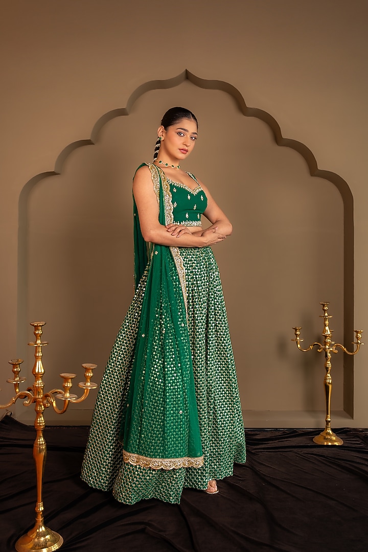 Emerald Green Viscose Georgette Sequins Embroidered Wedding Lehenga Set by Renee Label at Pernia's Pop Up Shop