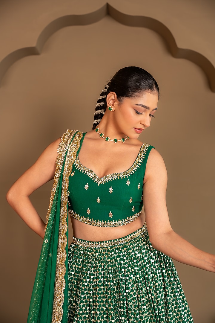 Emerald Green Viscose Georgette Sequins Embroidered Wedding Lehenga Set by Renee Label at Pernia's Pop Up Shop