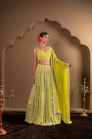 Lime Green Viscose Georgette Sequins Embroidered Lehenga Set by Renee Label