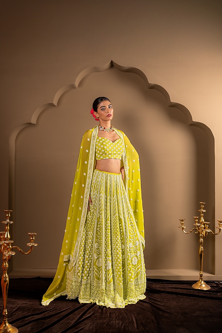 Lime Green Viscose Georgette Sequins Embroidered Wedding Lehenga Set by Renee Label at Pernia's Pop Up Shop