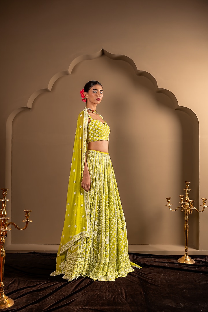 Lime Green Viscose Georgette Sequins Embroidered Wedding Lehenga Set by Renee Label at Pernia's Pop Up Shop