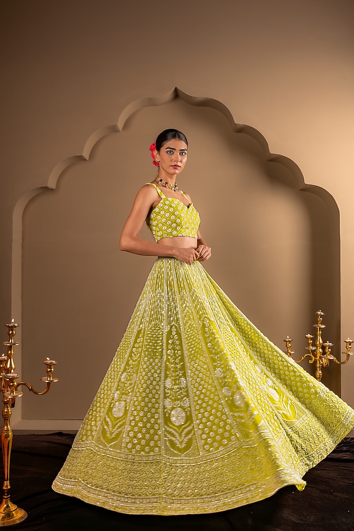 Lime Green Viscose Georgette Sequins Embroidered Wedding Lehenga Set by Renee Label at Pernia's Pop Up Shop
