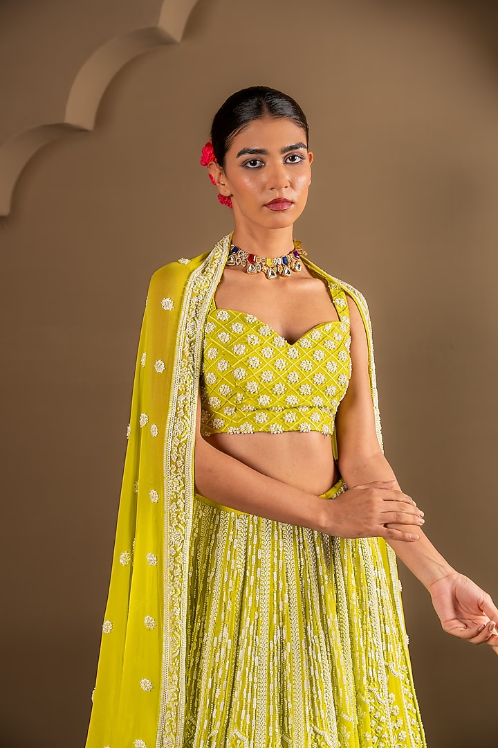 Lime Green Viscose Georgette Sequins Embroidered Wedding Lehenga Set by Renee Label at Pernia's Pop Up Shop
