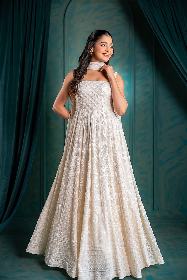 Ivory Viscose Georgette Sequins EMbroidered Bridal Anarkali Set by Renee Label at Pernia's Pop Up Shop