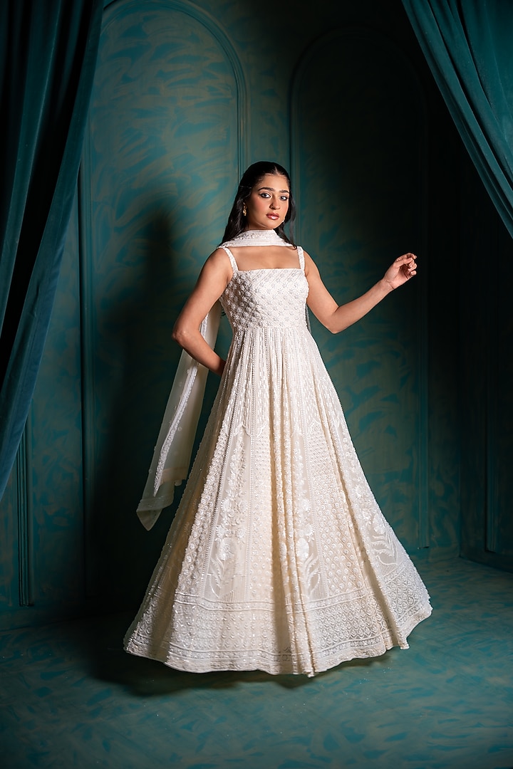 Ivory Viscose Georgette Sequins EMbroidered Bridal Anarkali Set by Renee Label at Pernia's Pop Up Shop