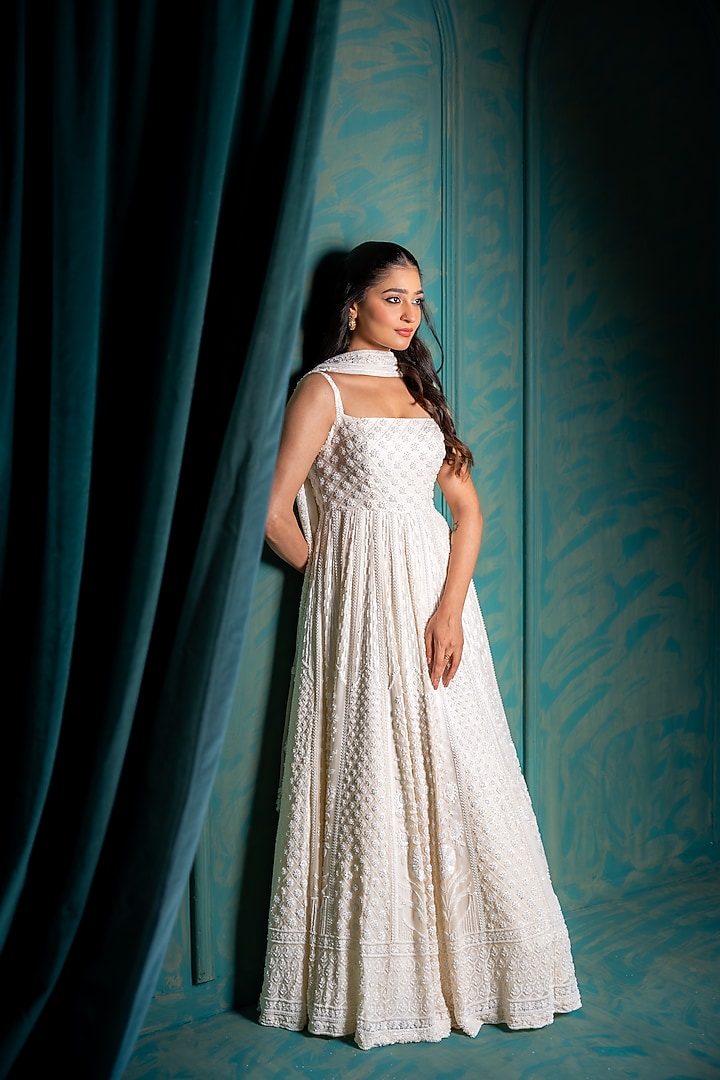 Ivory Viscose Georgette Sequins EMbroidered Bridal Anarkali Set by Renee Label at Pernia's Pop Up Shop