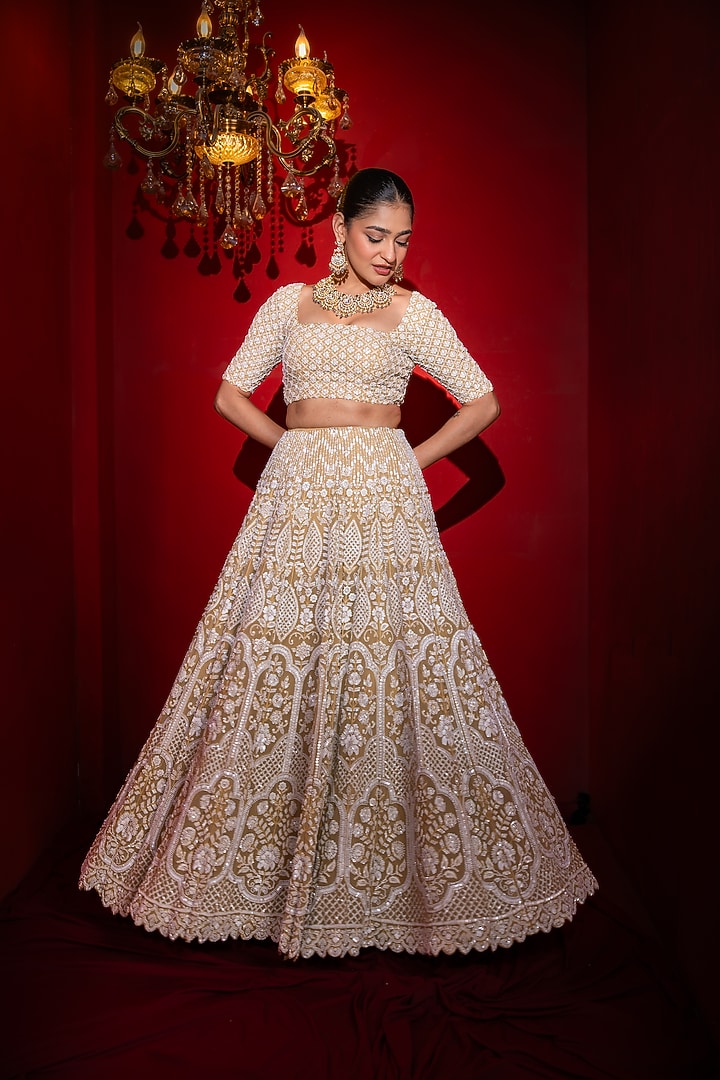 Champagne Gold Viscose Georgette Sequins Embroidered Wedding Lehenga Set by Renee Label at Pernia's Pop Up Shop