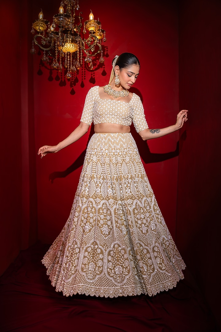 Champagne Gold Viscose Georgette Sequins Embroidered Wedding Lehenga Set by Renee Label at Pernia's Pop Up Shop
