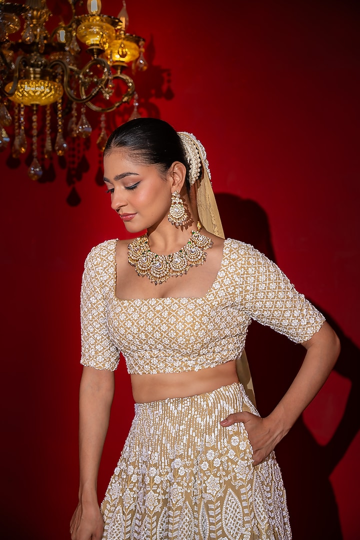 Champagne Gold Viscose Georgette Sequins Embroidered Wedding Lehenga Set by Renee Label at Pernia's Pop Up Shop