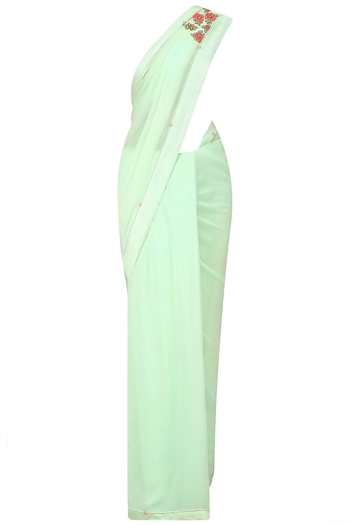 Pistachio rose embroidered blouse and pre draped saree set available only at Pernia's Pop Up Shop.