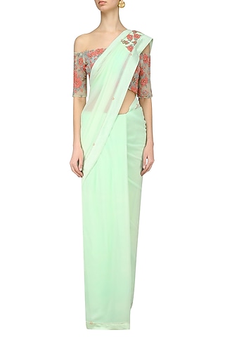 Pistachio Rose Embroidered Blouse and Pre Draped Saree Set by Renee Label