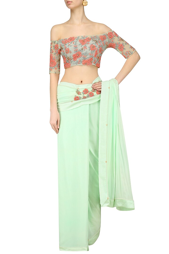 Pistachio rose embroidered blouse and pre draped saree set available only at Pernia's Pop Up Shop.