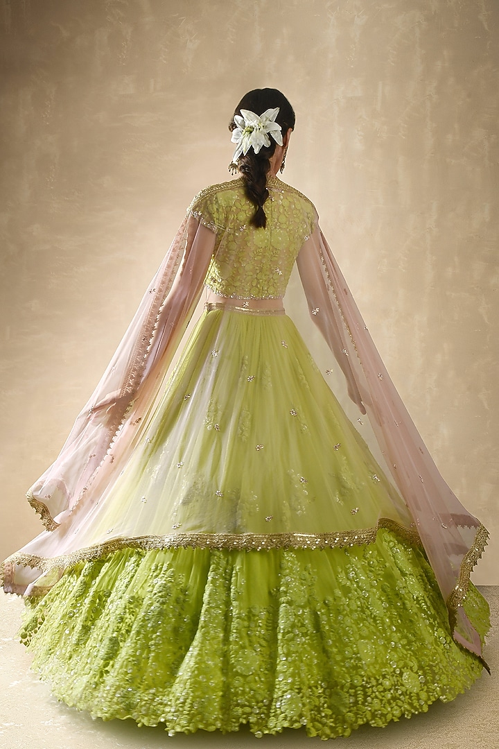 Leaf Green Net Sequins Embroidered Wedding Lehenga Set by Renee Label at Pernia's Pop Up Shop