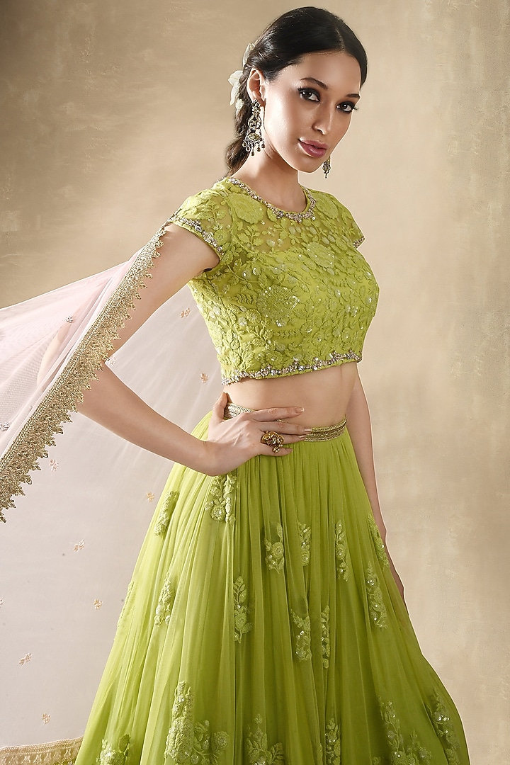 Leaf Green Net Sequins Embroidered Wedding Lehenga Set by Renee Label at Pernia's Pop Up Shop