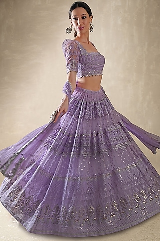 Lilac Net Sequins Embroidered Lehenga Set by Renee Label