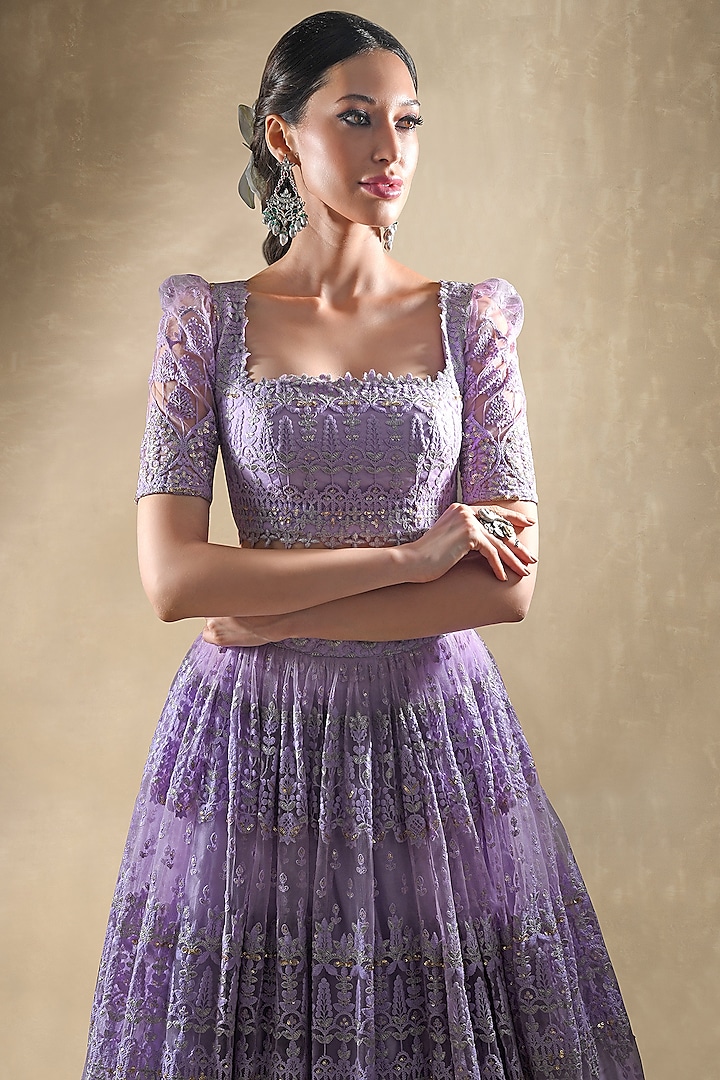 Lilac Net Sequins Embroidered Wedding Lehenga Set by Renee Label at Pernia's Pop Up Shop