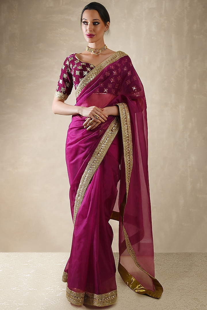 Wine Embroidered Saree Set by Renee Label