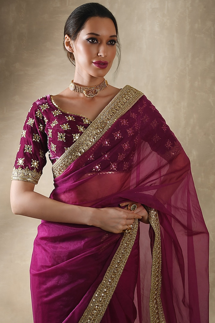 Wine Embroidered Party Wear Saree Set by Renee Label at Pernia's Pop Up Shop