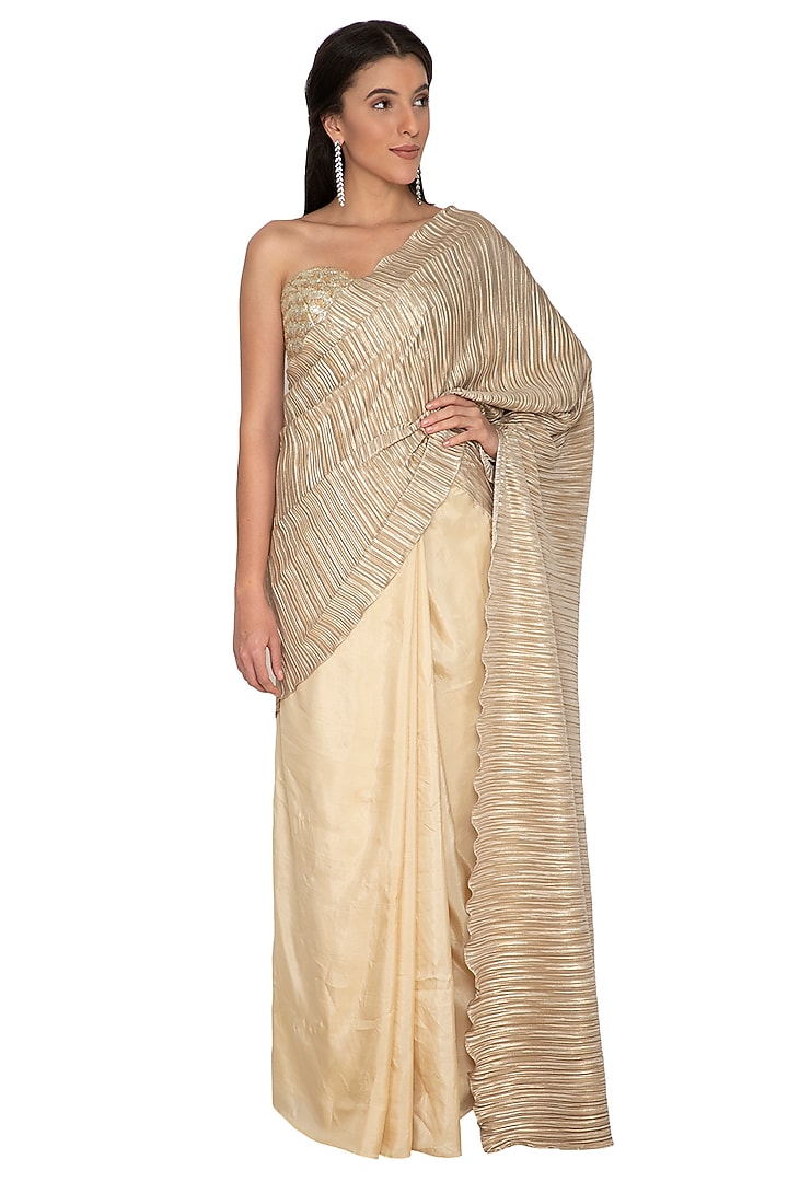 Gold Crepe & Mushroom Metallic Party Wear Saree Set by Renee Label at Pernia's Pop Up Shop