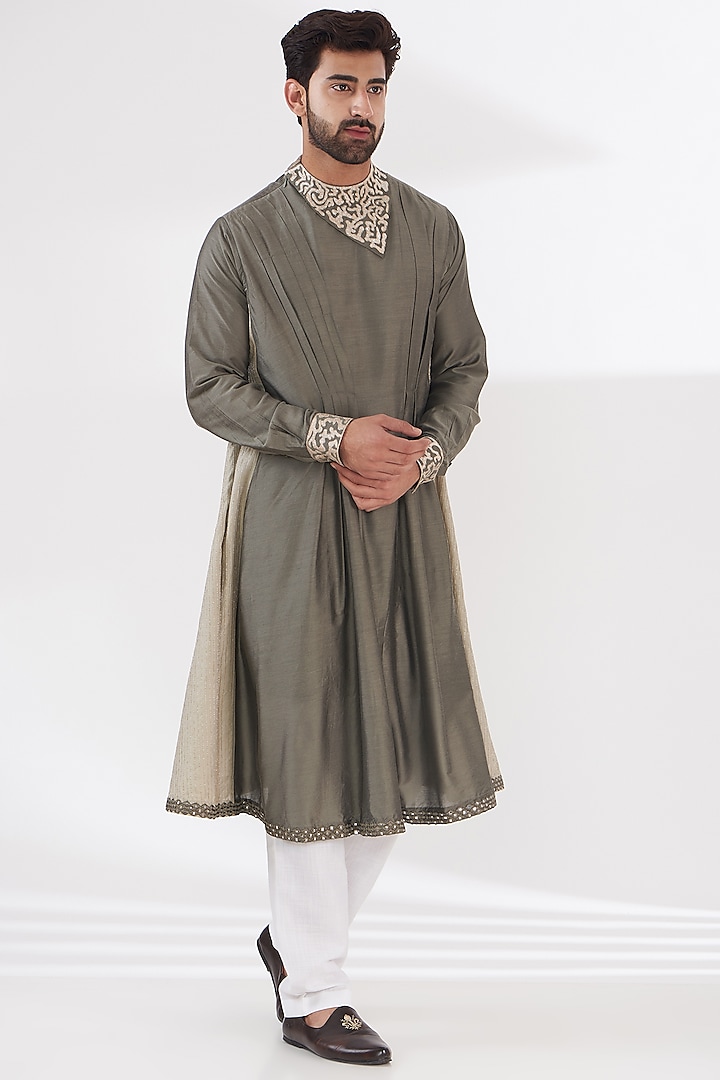 Grey Cotton Silk Dori & Patra Embroidered Angrakha Kurta Set by RE:O:SA at Pernia's Pop Up Shop