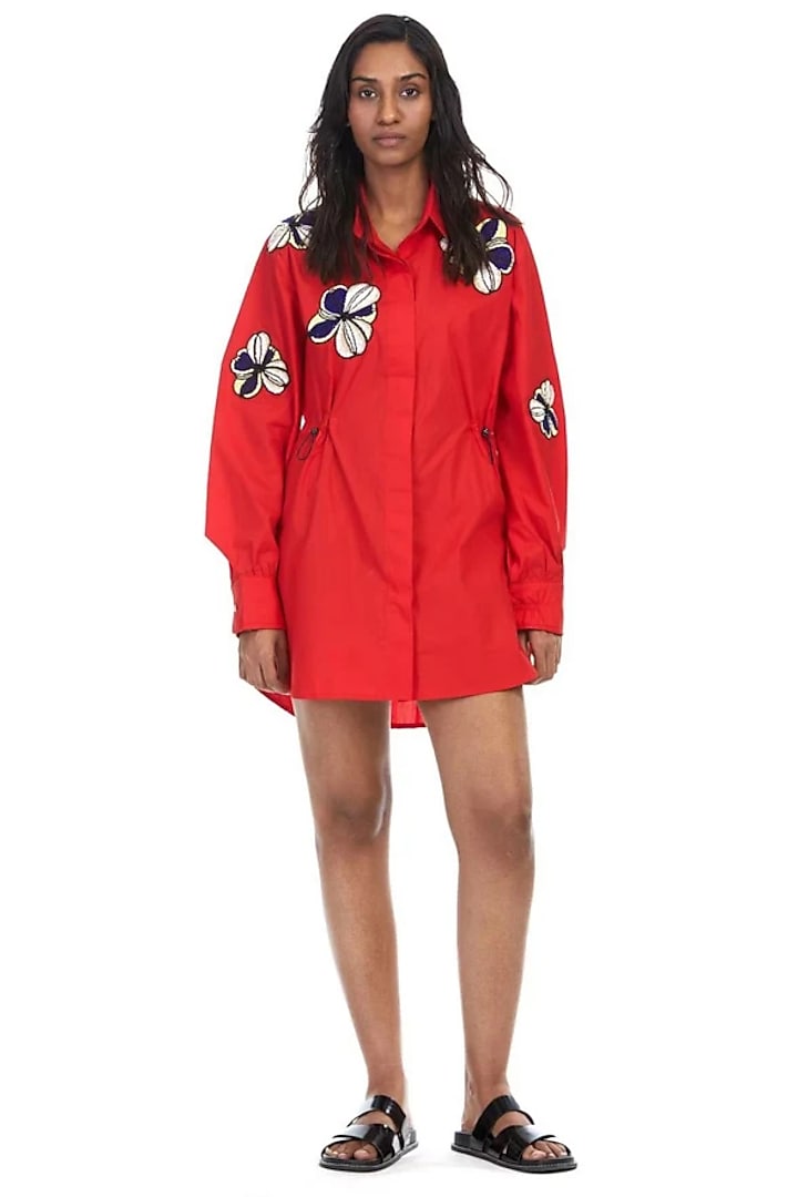 Red Cotton Embellished Mini Vacation Dress by Kanika Goyal at Pernia's Pop Up Shop