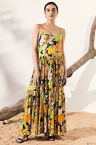 Black & Orange Cotton Crepe Floral Printed Tiered Maxi Dress by Reena Sharma