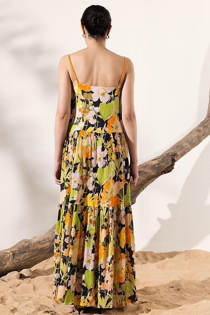 Black & Orange Cotton Crepe Floral Printed Tiered Maxi Summer Dress by Reena Sharma at Pernia's Pop Up Shop