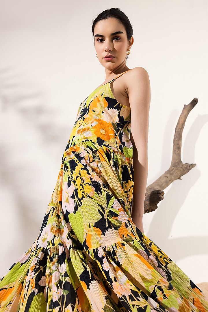 Black & Orange Cotton Crepe Floral Printed Tiered Maxi Summer Dress by Reena Sharma at Pernia's Pop Up Shop