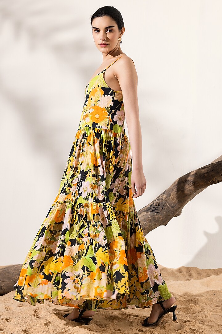 Black & Orange Cotton Crepe Floral Printed Tiered Maxi Summer Dress by Reena Sharma at Pernia's Pop Up Shop