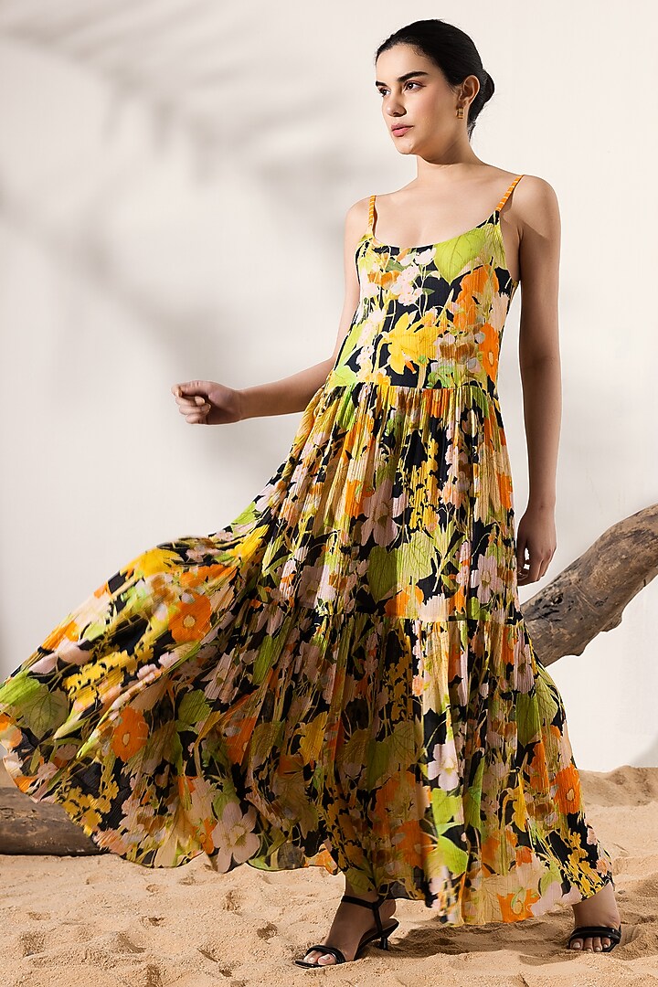 Black & Orange Cotton Crepe Floral Printed Tiered Maxi Summer Dress by Reena Sharma at Pernia's Pop Up Shop