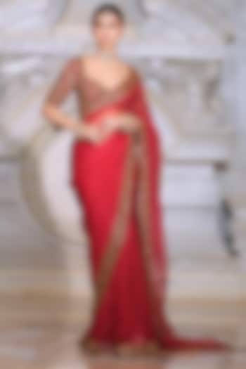 Red Organza & Fendi Silk Reception Saree Set by Rajani Gupta at Pernia's Pop Up Shop