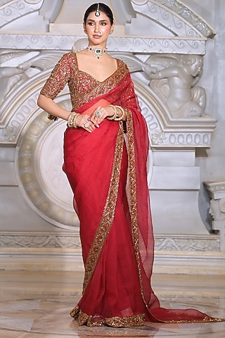 Red Organza & Fendi Silk Saree Set by Rajani Gupta