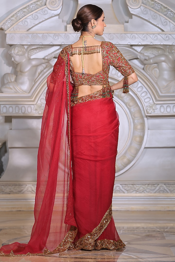 Red Organza & Fendi Silk Reception Saree Set by Rajani Gupta at Pernia's Pop Up Shop