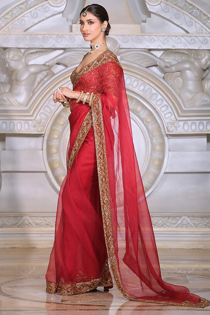Red Organza & Fendi Silk Reception Saree Set by Rajani Gupta at Pernia's Pop Up Shop