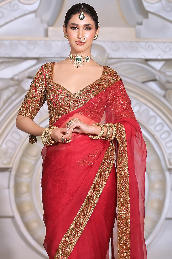 Red Organza & Fendi Silk Reception Saree Set by Rajani Gupta at Pernia's Pop Up Shop