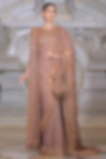 Gold Organza & Fendi Silk Bridal Saree Set by Rajani Gupta at Pernia's Pop Up Shop