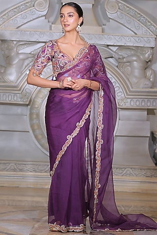Purple Organza & Fendi Silk Saree Set by Rajani Gupta