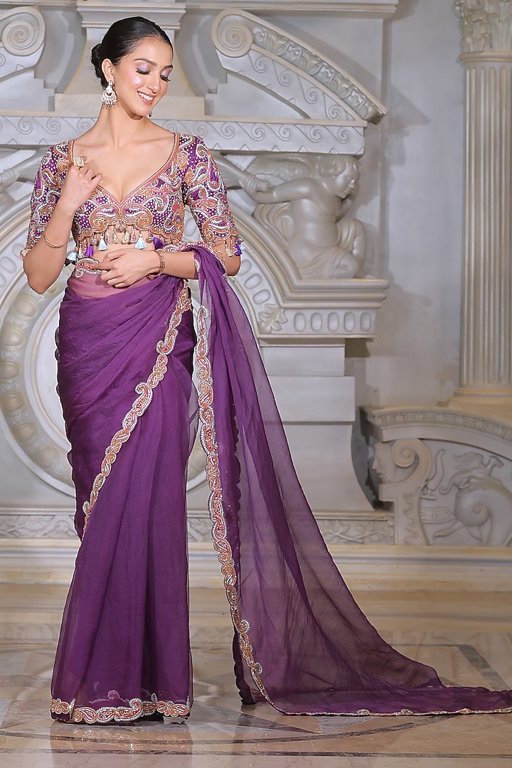 Purple Organza & Fendi Silk Reception Saree Set by Rajani Gupta at Pernia's Pop Up Shop