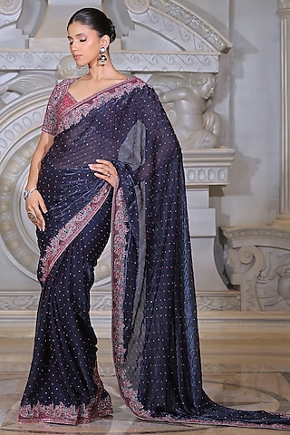 Blue Organza & Fendi Silk Saree Set by Rajani Gupta