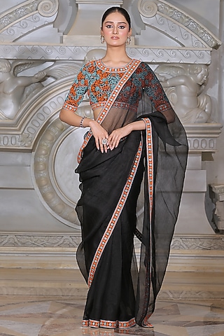 Black Organza & Fendi Silk Saree Set by Rajani Gupta