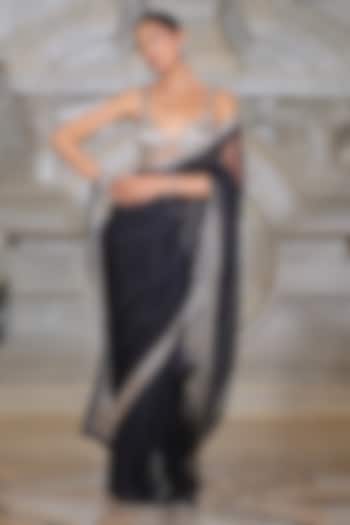 Navy Blue Organza & Fendi Silk Wedding Saree Set by Rajani Gupta at Pernia's Pop Up Shop