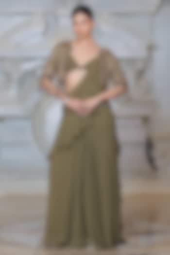 Olive Green Organza & Fendi Silk Wedding Saree Set by Rajani Gupta at Pernia's Pop Up Shop