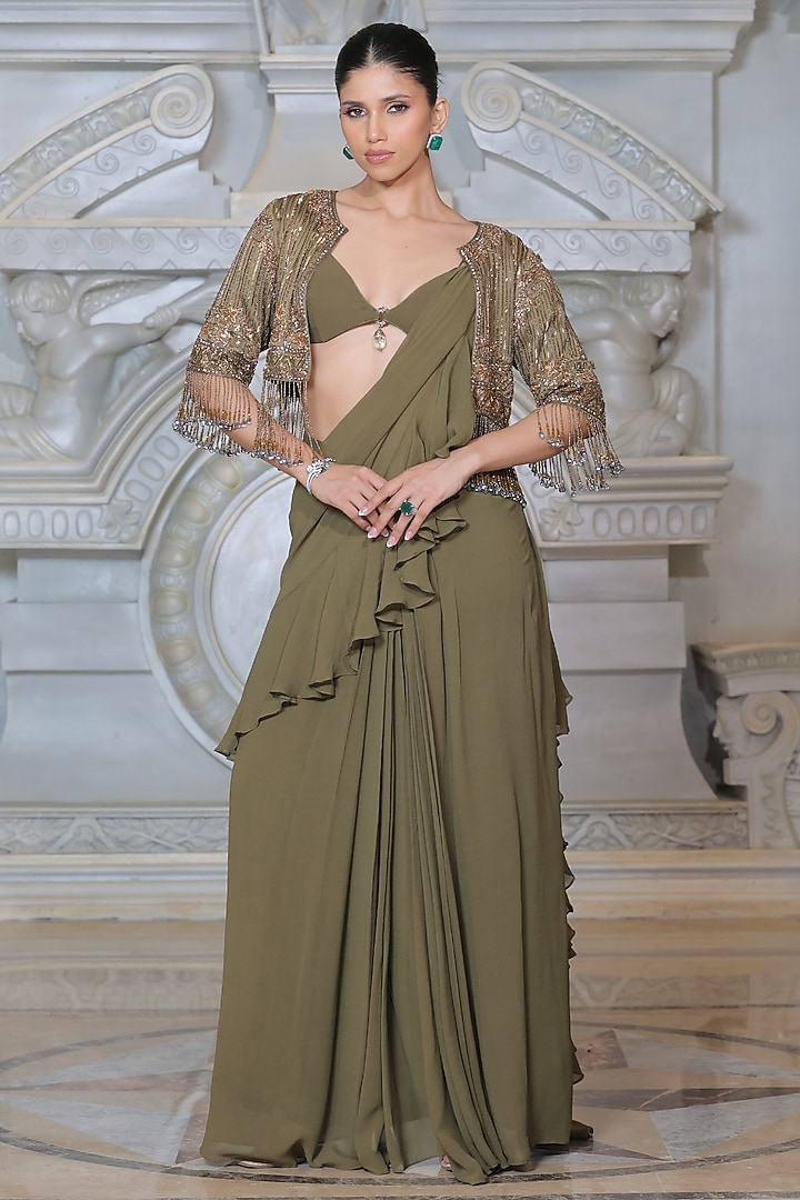 Olive Green Organza & Fendi Silk Wedding Saree Set by Rajani Gupta at Pernia's Pop Up Shop