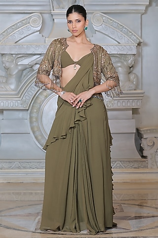Olive Green Organza & Fendi Silk Saree Set by Rajani Gupta