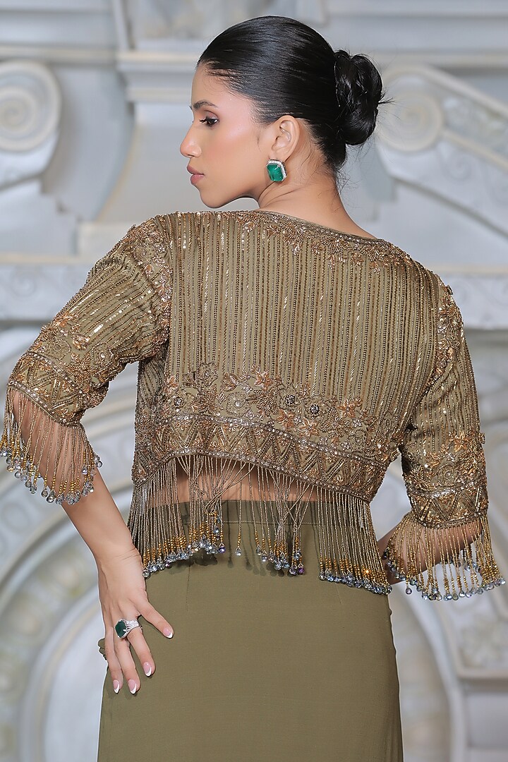 Olive Green Organza & Fendi Silk Wedding Saree Set by Rajani Gupta at Pernia's Pop Up Shop