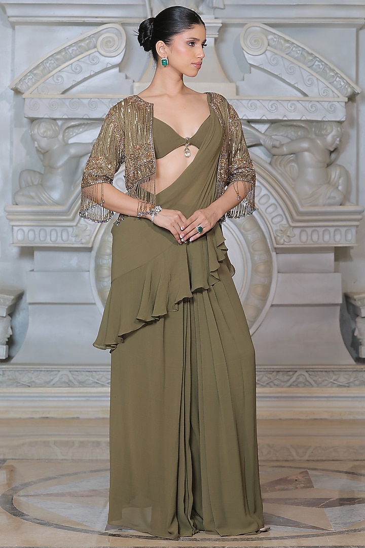 Olive Green Organza & Fendi Silk Wedding Saree Set by Rajani Gupta at Pernia's Pop Up Shop