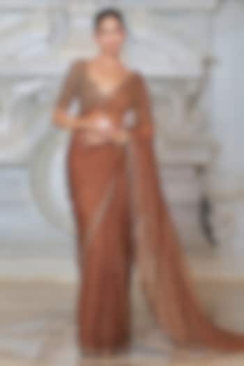 Brown Organza & Fendi Silk Wedding Saree Set by Rajani Gupta at Pernia's Pop Up Shop